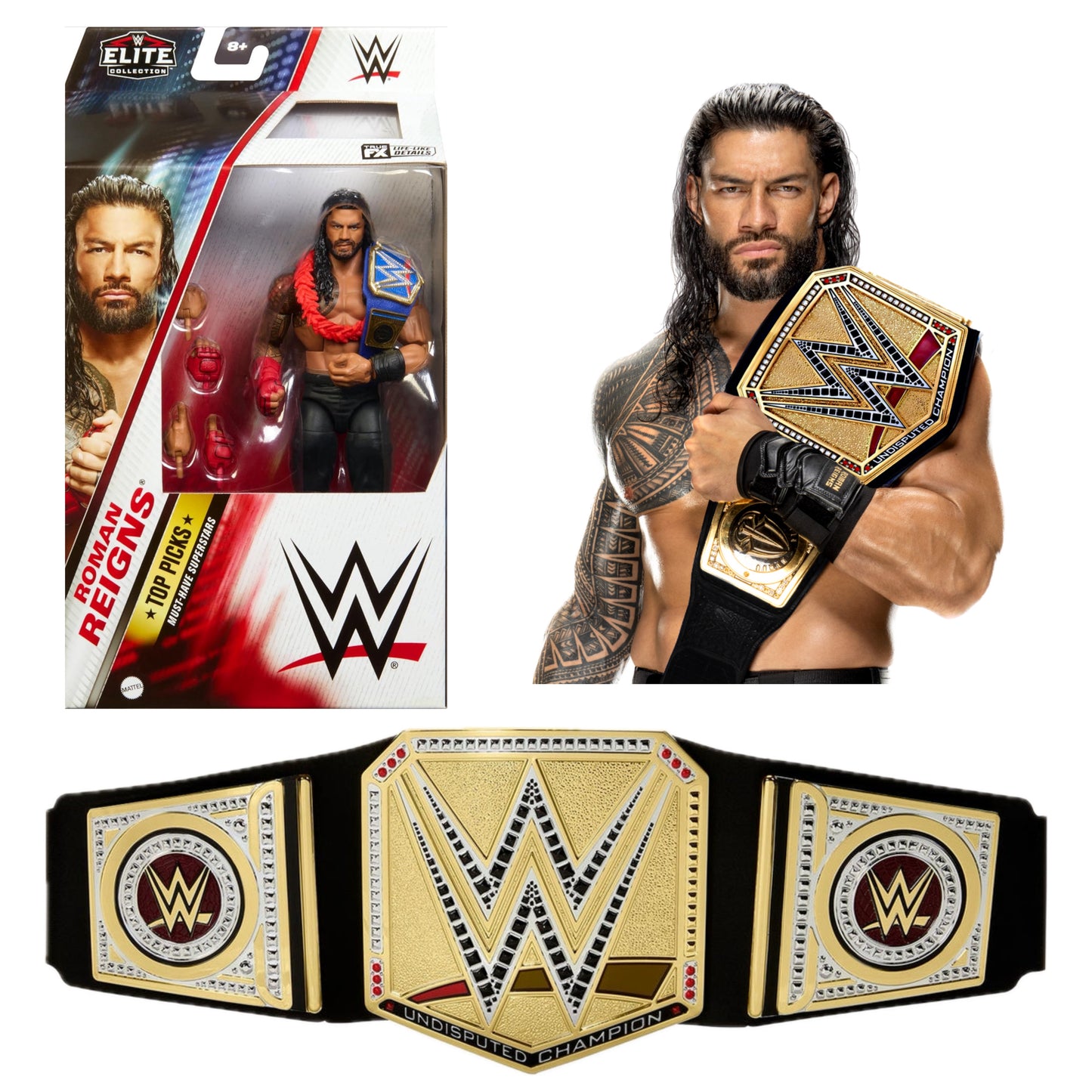 WWE Roman Reigns Epic Bundle - 1x Elite Action Figure and 1x Undisputed Universal Championship Title