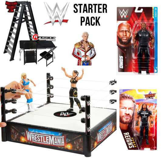 WWE Action Figure Toy Starter Pack Bundle - Ring, 2 x Figures, Accessories