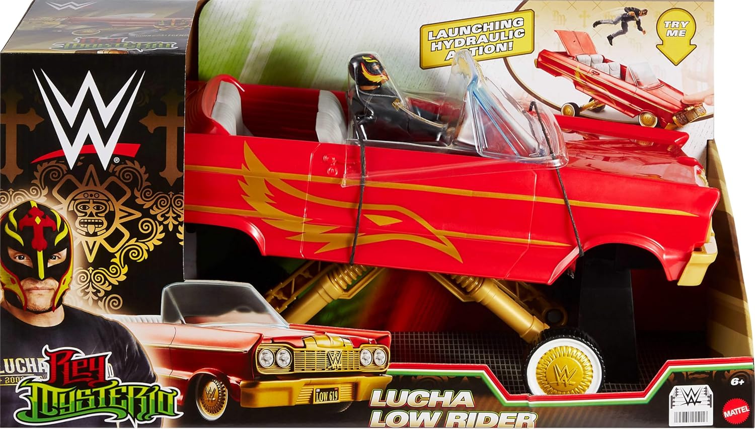 WWE Action Figure Vehicle Rey Mysterio Main Event Figure Lucha Low Rider Car Playset Mattel