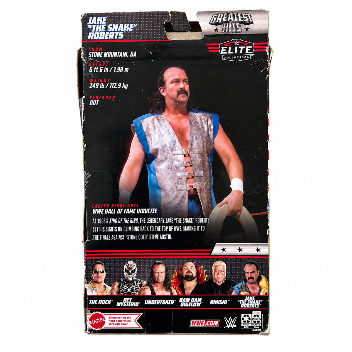 WWE Jake The Snake Roberts Elite Greatest Hits Action Figure Mattel Reboxed Dmg Box