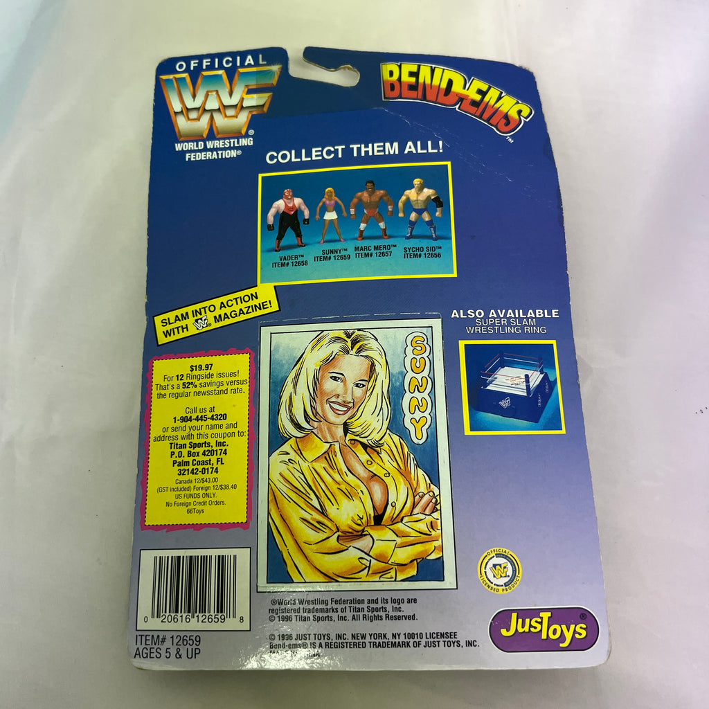 Vintage WWF WWE Sunny Bend Ems Wrestling Action Figure Series 4 1996 Just Toys Card