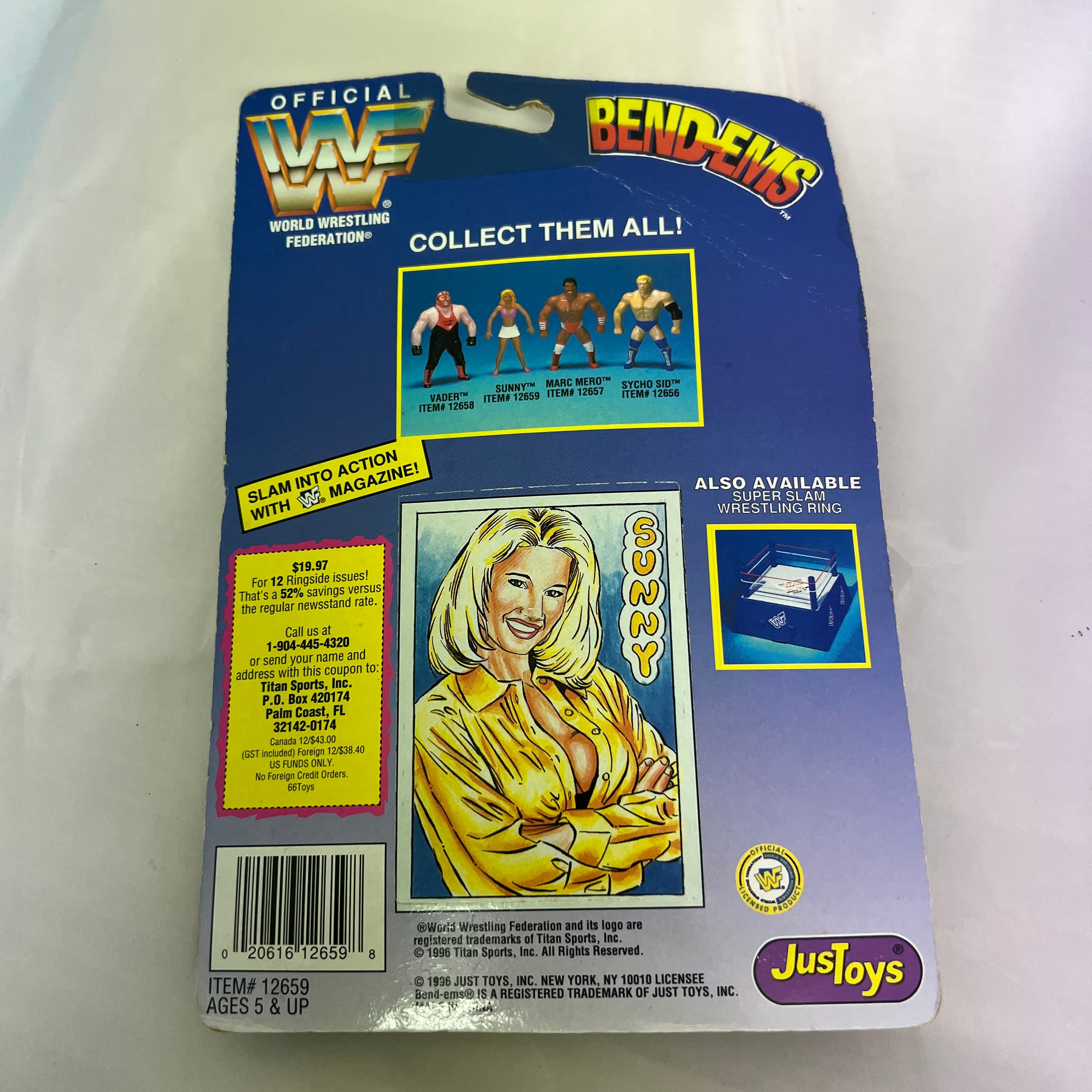 Vintage WWF WWE Sunny Bend Ems Wrestling Action Figure Series 4 1996 Just Toys Card
