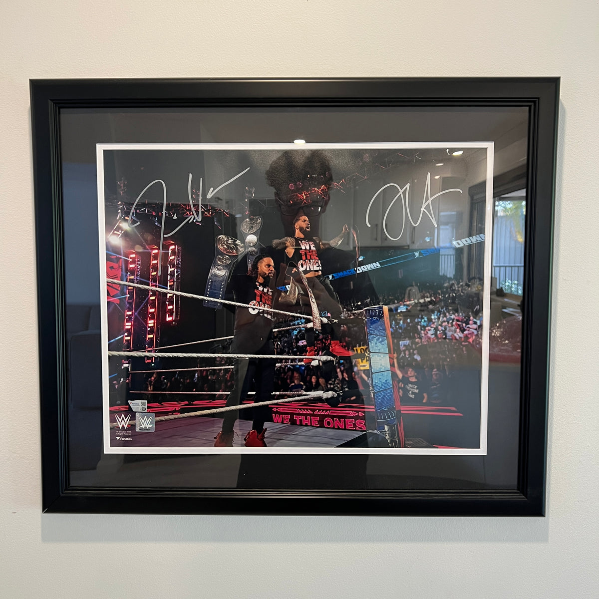 Jey Uso & Jimmy Uso WWE Autographed Framed 16" x 20" In Ring Titles Raised Up COA
