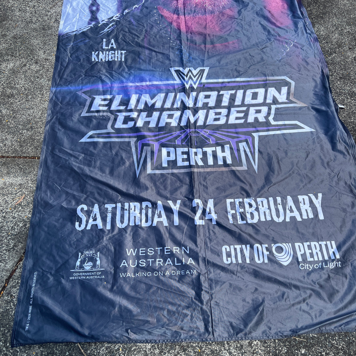 LA Knight WWE Elimination Chamber 2024 Perth Australia Banner Massive Rare