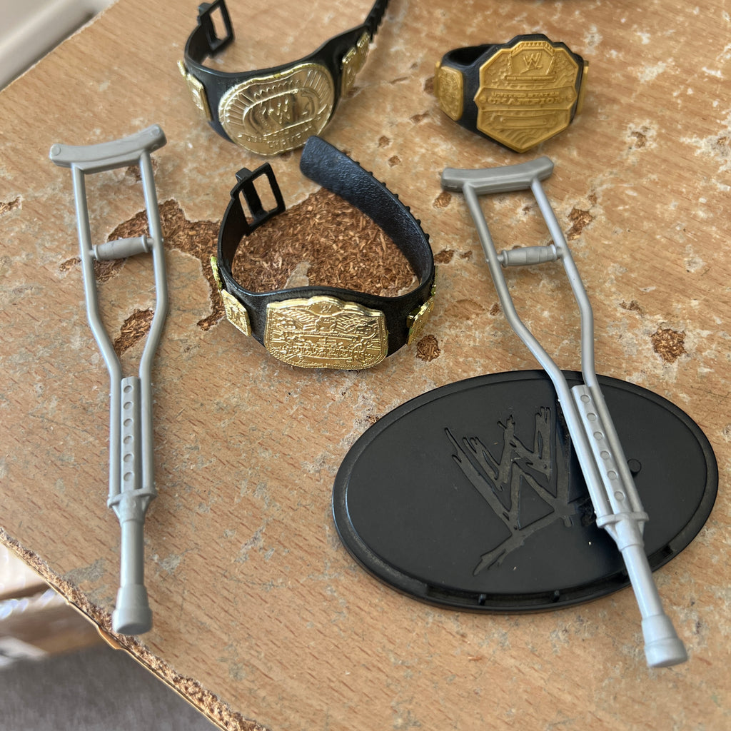 WWE Accessories Bundle 3 Belts, Crutches, Stand Out Of Box Action Figure Mattel 9