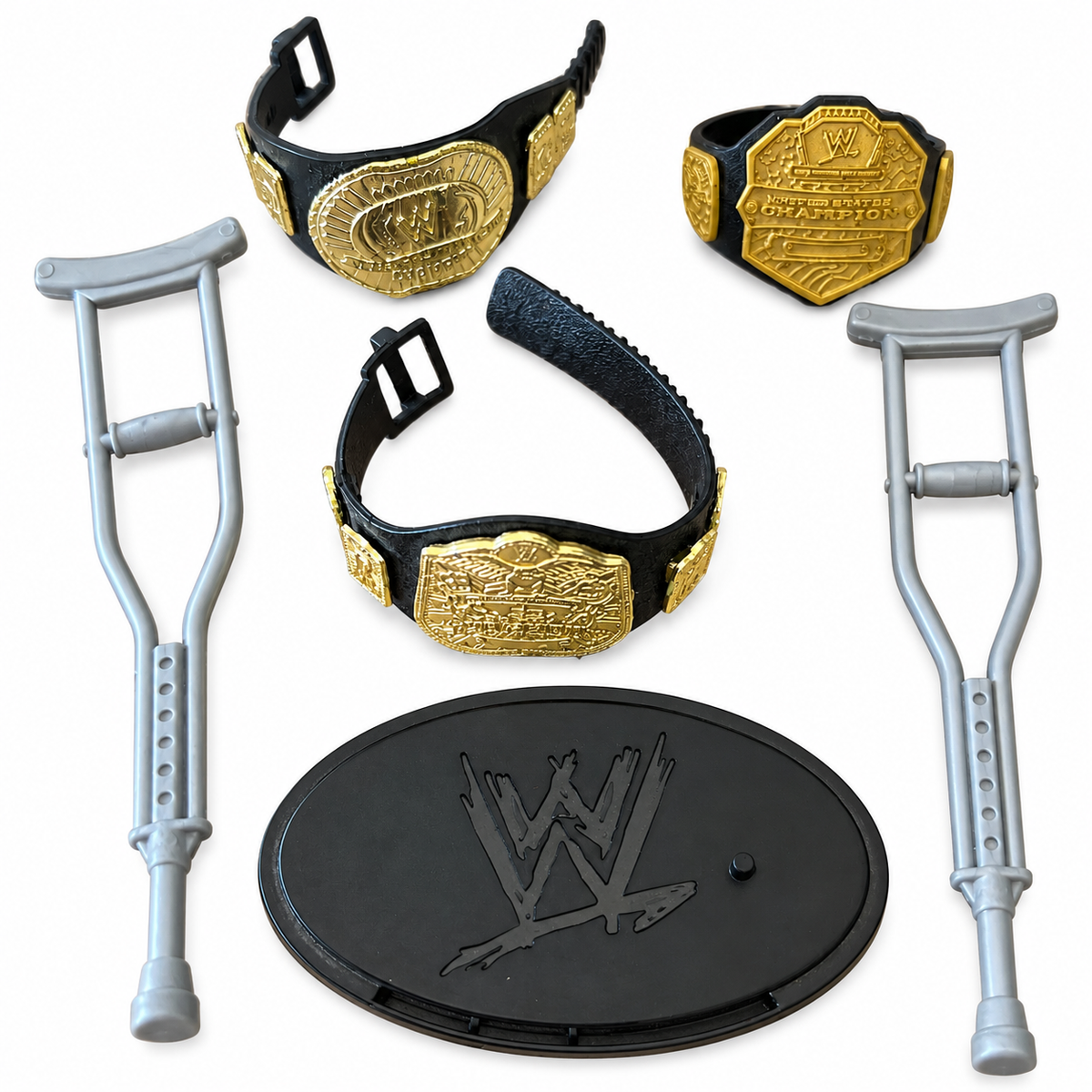 WWE Accessories Bundle 3 Belts, Crutches, Stand Out Of Box Action Figure Mattel 9