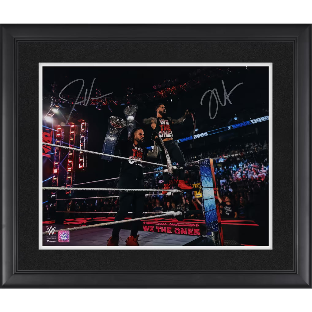 Jey Uso & Jimmy Uso WWE Autographed Framed 16" x 20" In Ring Titles Raised Up COA
