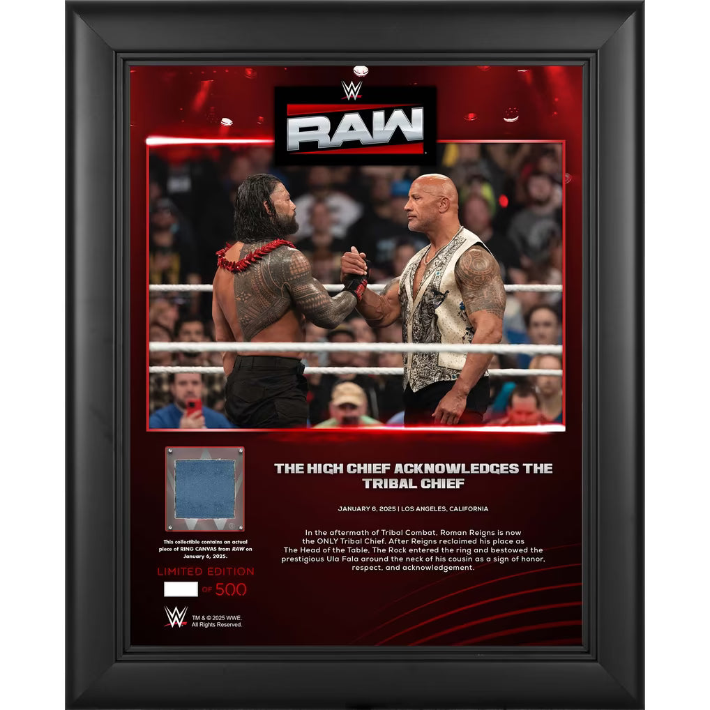 The Rock WWE Framed 13" x 16" RAW January 2025 with a Piece of Match-Used Canvas